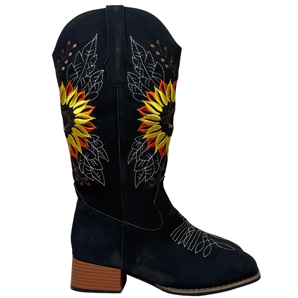 Cowboy Boots Black Sunflower Embroidered Floral Cowboy Cowgirl Boho 38 Size 7.5